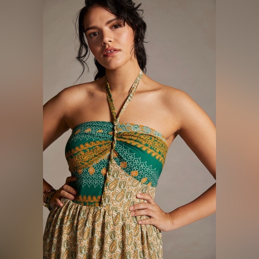 Tiny Twist Halter Maxi Dress Green Print NWT Size S